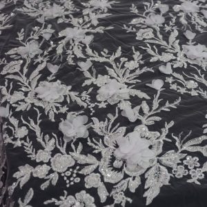 پارچه گیپور مجلسی گل برجسته سفید طرح پنج