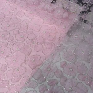 پارچه مجلسی گل حریر برجسته رنگ صورتی طرح یک سری جدید