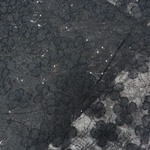 پارچه مجلسی دانتل فرانسه گل حریر برجسته رنگ مشکی طرح یک سری جدید