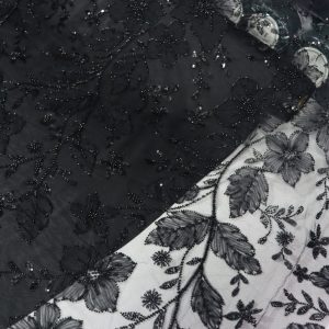 پارچه مجلسی گل حریر برجسته رنگ مشکی طرح چهار سری جدید