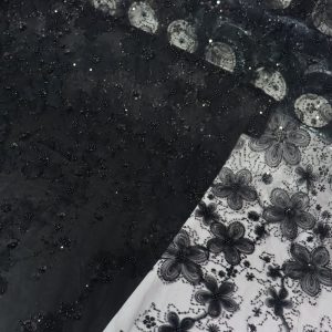 پارچه مجلسی گل حریر برجسته رنگ مشکی طرح پنج سری جدید